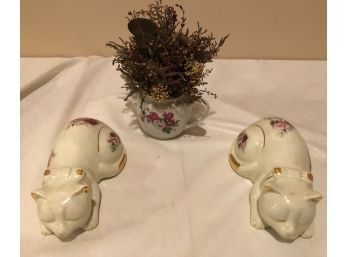 2 Ceramic Cats And 1 Teapot Floral Piece