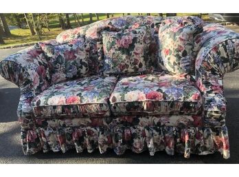 Vintage Floral Love Seat  With Cream Base With Pink And Violet Flowers With 3 Decorative Pillows