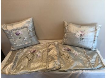 Queen Bed Set With Decorative Pillows, Sage Green With Soft Shine Base Color
