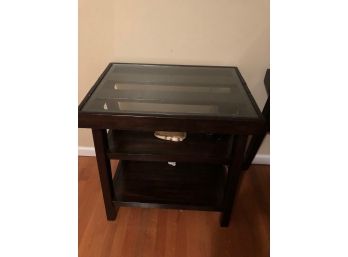 Dark Wood End Table With Glass Top And 2 Shelves