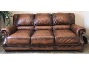 Distressed Brown Faux Leather Sofa With Nailhead Trim