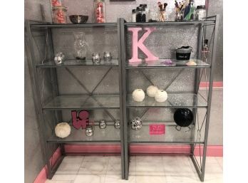 4 Tier Etagere Glass Shelves With Gray Bars, (4) Glass Shelves Per Stand