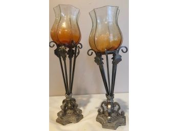 2 Candle Holders With Orange To Clear Glass