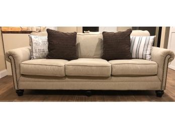 Raymour And Flanigan  Nailhead Beige Sofa With (4) Decorative Pillows