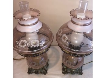 Antique Light Pink Hurricane Lamps With Gold Border. Set Of 2. White With Gold Outline Floral Patterns.