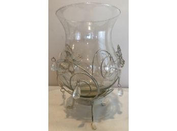 Candle Holder In Glass Bowel With Decorative Butterflies And Crystal Base