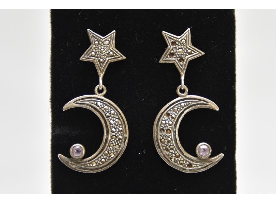 Crescent Moons And Stars Sterling Silver Earrings - Jewelry Lot #39