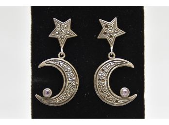 Crescent Moons And Stars Sterling Silver Earrings - Jewelry Lot #39