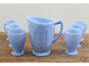 Blue Milk Glass Pitcher And 6 Glasses