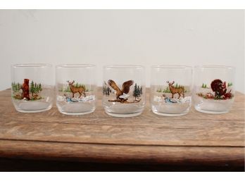Vintage Mid Century Woodland Wildlife Old Fashioned Drinking Glasses - Set Of 5