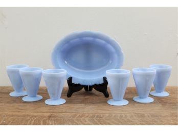 Blue Milk Glass Six Cups And Plate