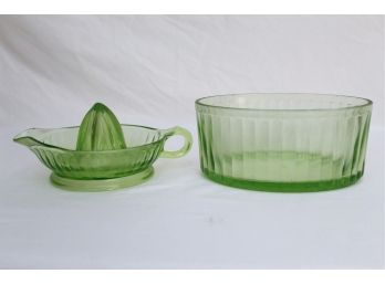 Emerald Green Depression Glass Juicer And Bowl