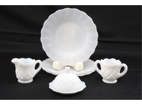 White Milk Glass Creamer And Covered Dish With 3 Plates
