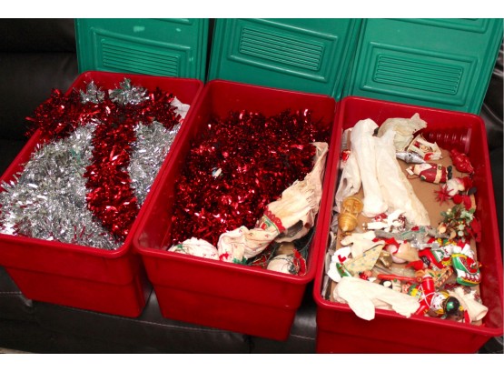 Three Plastic Bins Of Christmas Decor