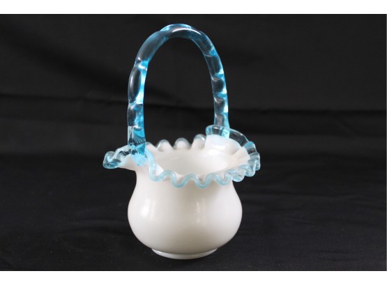 Free Form Milk Glass Basket With Blue Accent