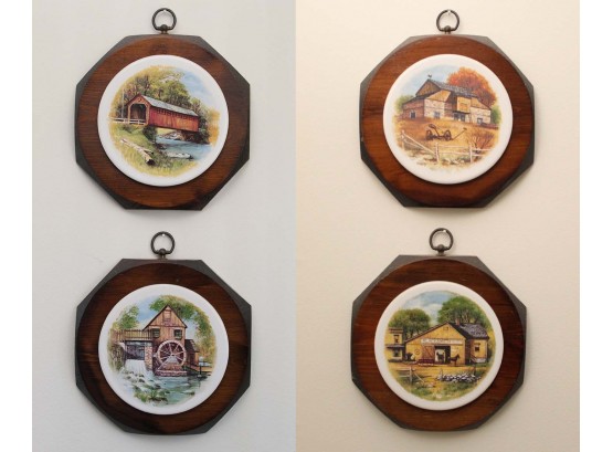 Four Octagonal Porcelain Painted Wall Hangings 9 X 9