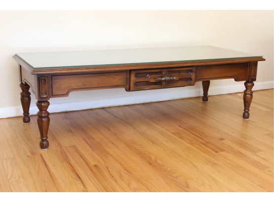 Mid Century Oak Coffee Table With Glass Top 52 X 21 X 15