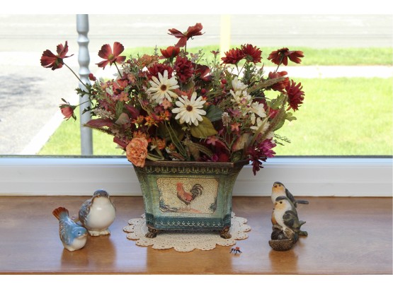 Floral Arrangement With Bird Figurines