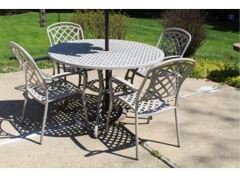 Cast Aluminum Outdoor Table, Chairs And Umbrella