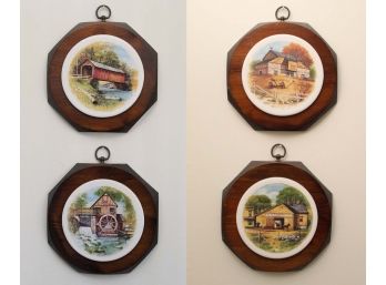Four Octagonal Porcelain Painted Wall Hangings 9 X 9