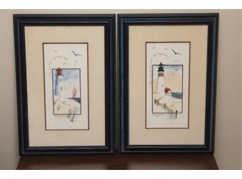 Pair Of Framed Nautical Lighthouse Prints By D. Morgan  8 X 16
