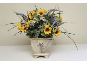 Faux Floral Arrangement In Wooden Vase