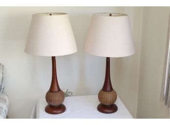 MCM Walnut Stem With Basketweave Base Table Lamps