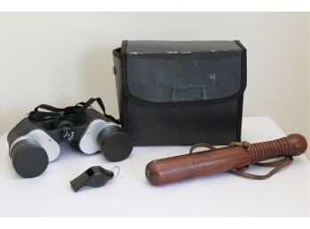 Vintage Police Mini Billie Club, Whistle And Binoculars
