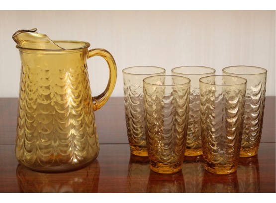 Vintage Libby Amber Glass Pitcher And Glasses