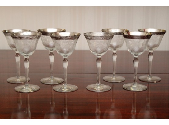 Eight Lovely Etched Silver Rim Aperitif Glasses