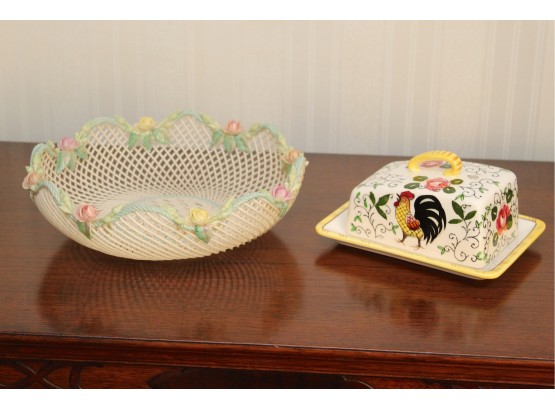 Vintage Belleek Lattice Bowl & Rooster Covered Dish