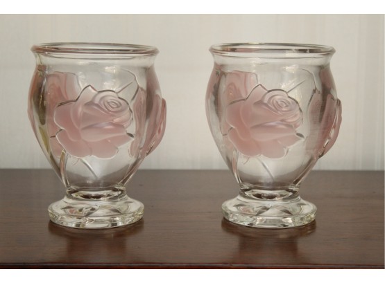Pair Of Etched Rose Crystal Urns