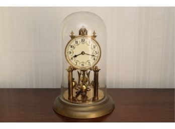 Antique Glass Dome Jahresuhrenfabrik 49 Clock With Key