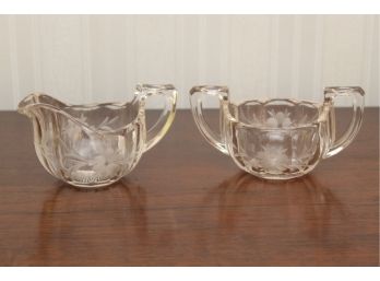 Floral Etched Clear Glass Sugar And Creamer