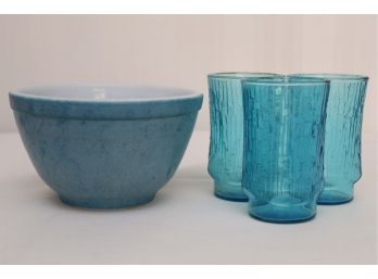 Vintage Pyrex Mixing Bowl And Trio Of Blue Juice Glasses