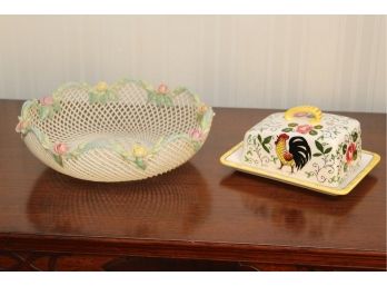 Vintage Belleek Lattice Bowl & Rooster Covered Dish