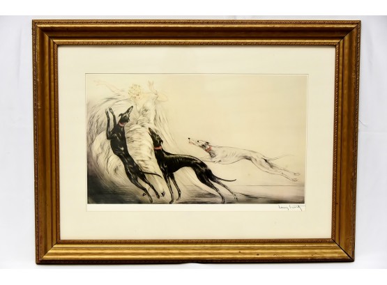 Louis Icart 'Elegant Lady With Greyhounds' Framed Print Under Glass 32 X 24