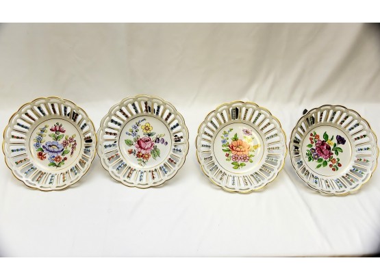 Set Of 4 Dresden Handgemalt Hand Painted Pierced Bowls