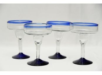 Set Of 4 Blue Rim Margarita Glasses