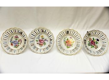 Set Of 4 Dresden Handgemalt Hand Painted Pierced Bowls