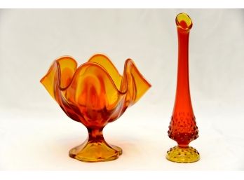 Orange Yellow Glassware Including Fenton Glass Vase