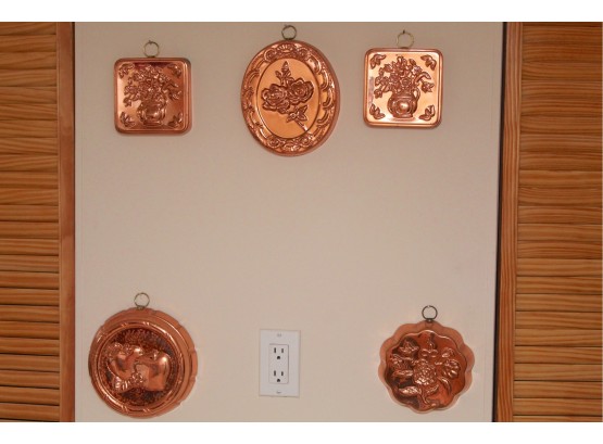 Five Copper Kitchen Mold Wall Decor Pieces