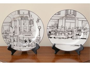 Pair Of Vintage Epoch Black And White Decorative Restaurant Scene Plates