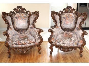 Spectacular Italian Rococo Carved Walnut Club Chairs  35 X 36 X 42