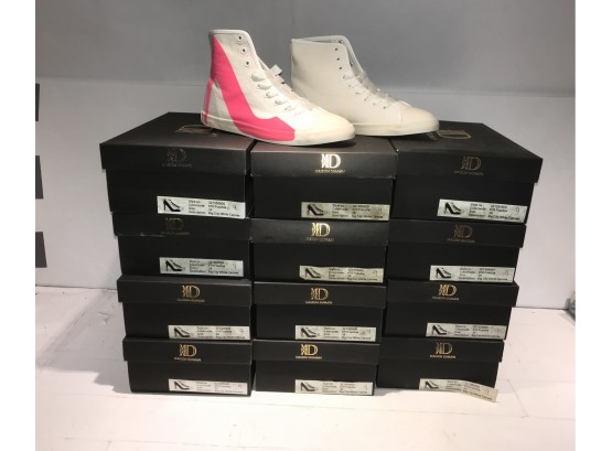 24 PAIRS M D WOMENS SIZE 9 BIG CITY WHITE CANVAS HIGH TOP FLAT BOTTOM SNEAKERS STILETTO PRINT