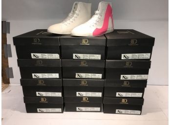 22 PAIRS M D WOMENS SIZE 11 BIG CITY WHITE CANVAS HIGH TOP FLAT BOTTOM SNEAKERS STILETTO PRINT