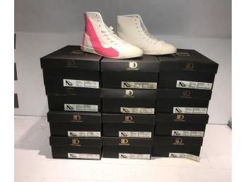 24 PAIRS M D WOMENS SIZE 9 BIG CITY WHITE CANVAS HIGH TOP FLAT BOTTOM SNEAKERS STILETTO PRINT