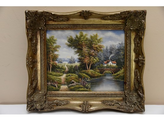 Riverside Landscape Painting In Decorative Frame - 14' X 12'