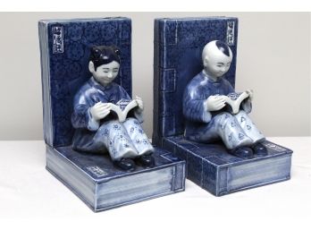 Blue And White Asian Porcelain Reading Boy And Girl Bookends