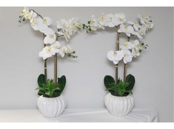 Lovely Pair Of Faux Orchids In White Ceramic Pots
